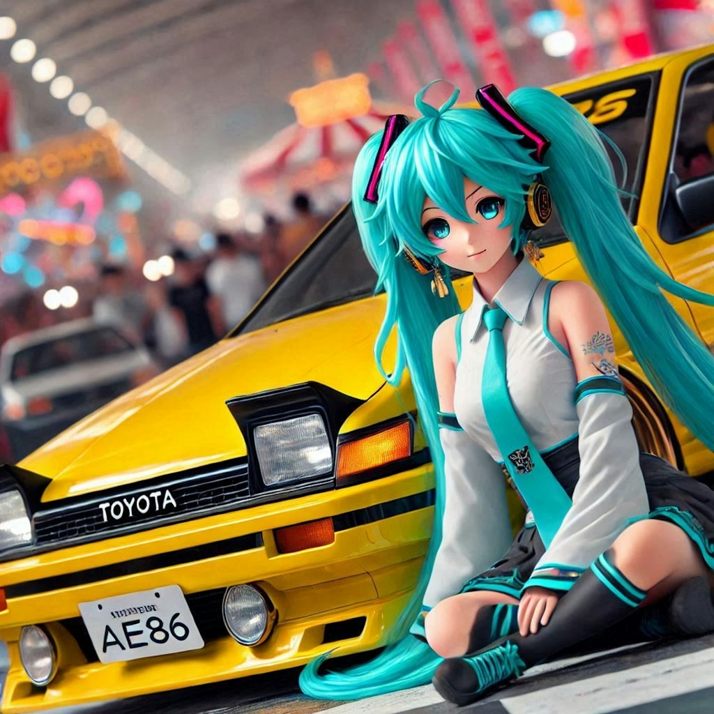 イエローメタリックのAE86のドリ車と初音ミク