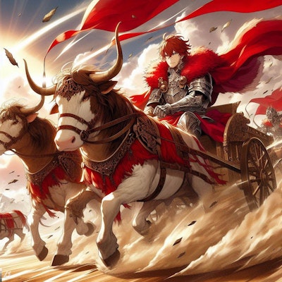 牛引く戦車（チャリオット）に乗る赤髪騎士