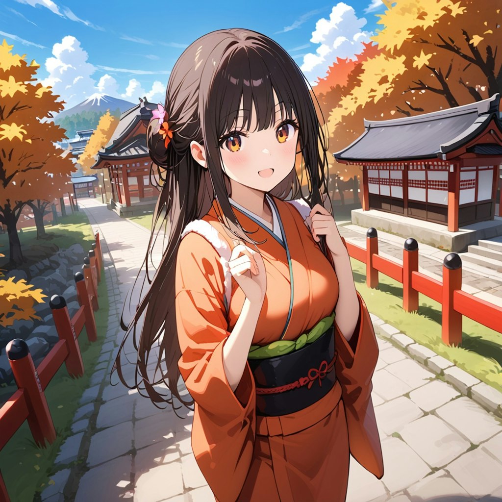 和服に神社に紅葉