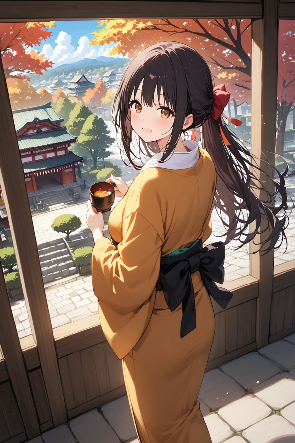 和服に神社に紅葉