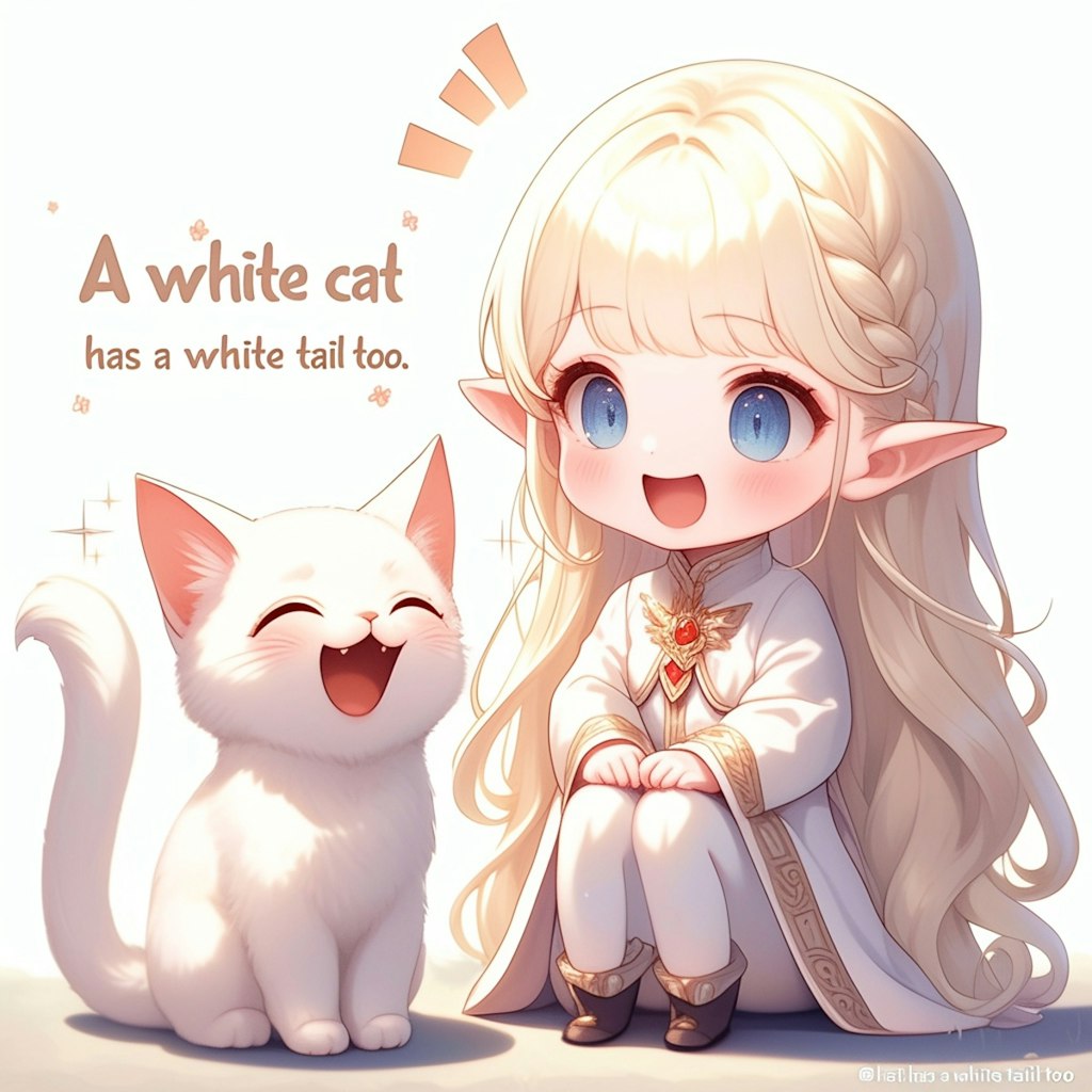 A white cat has a white tail too.「白い猫は尾も白い（面白い）」