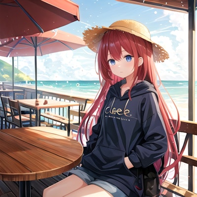 海とカフェと赤髪パーカー