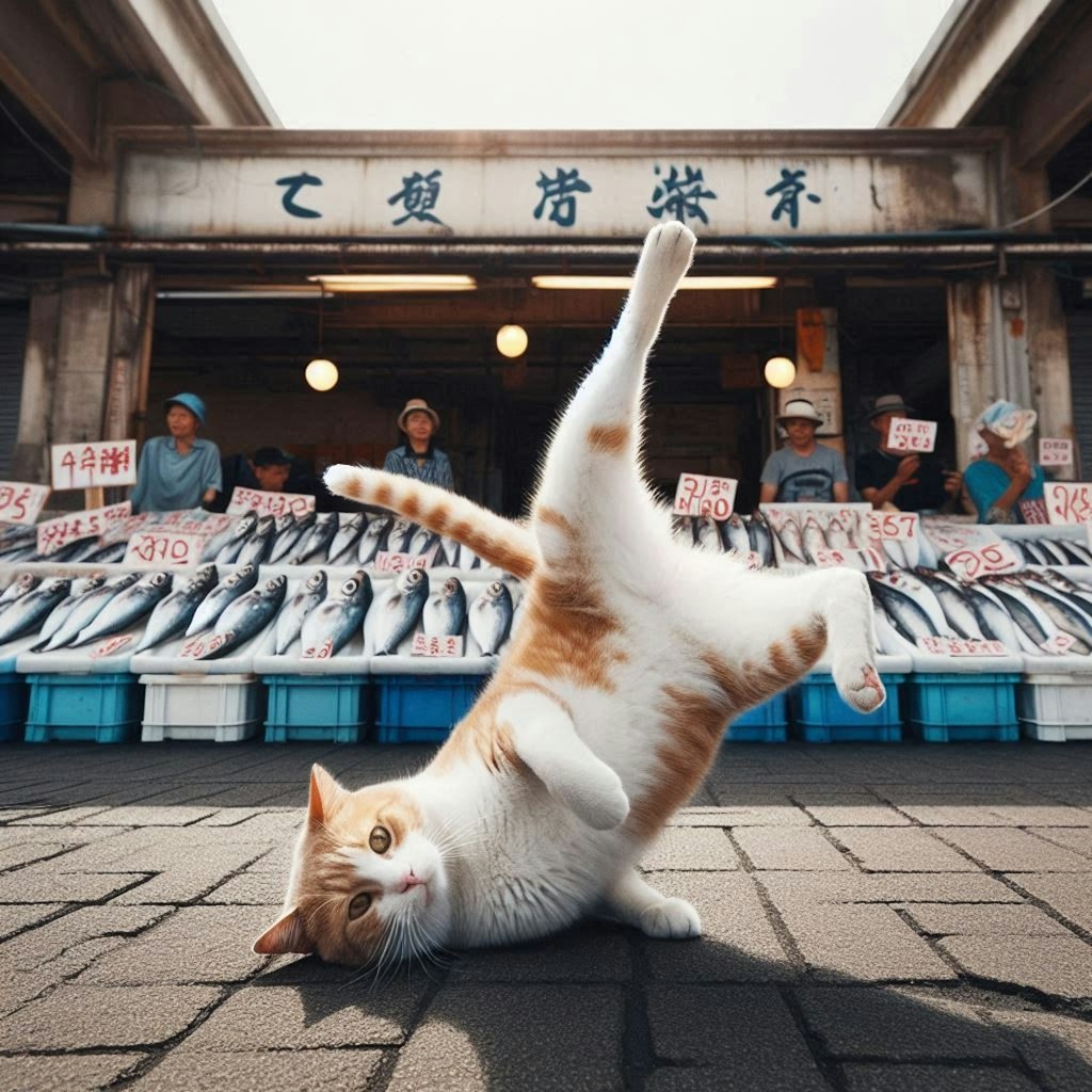魚市場で働く猫