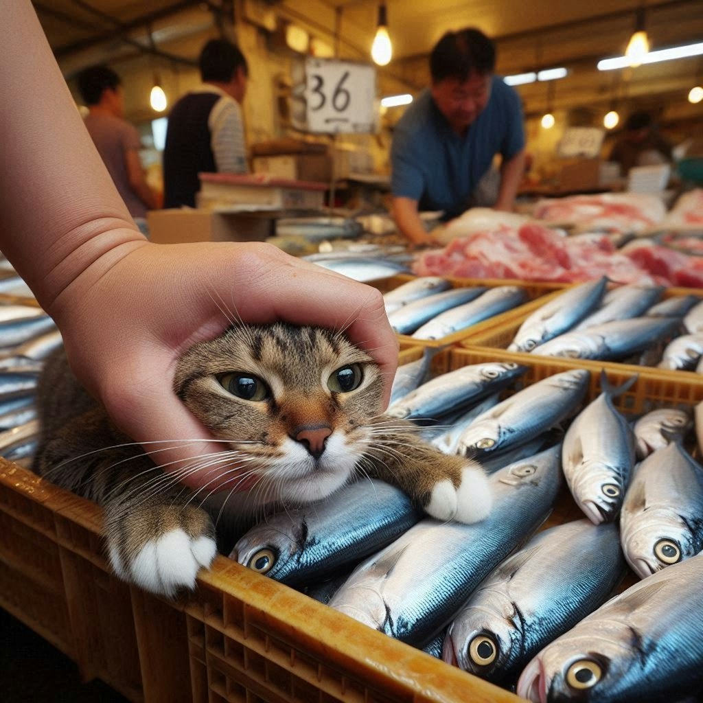 魚市場で働く猫