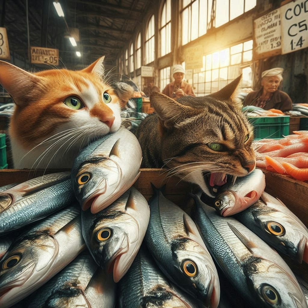魚市場で働く猫