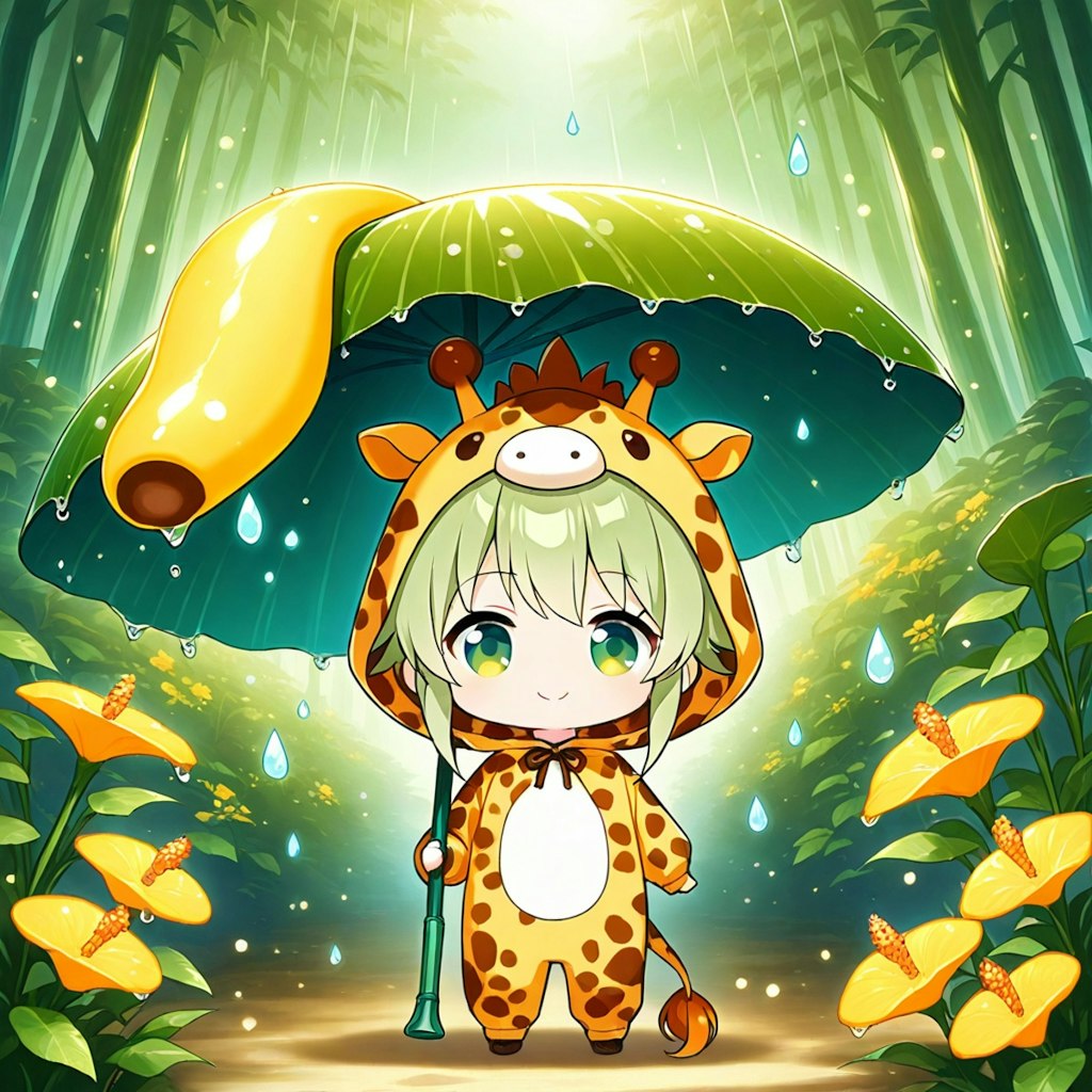 雨の密林のキリン着ぐるみちび子ちゃん