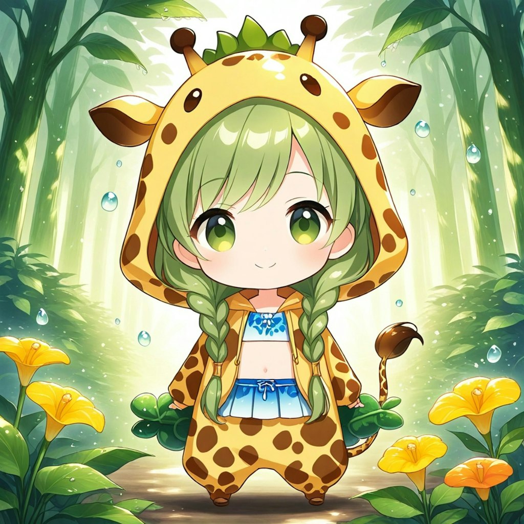 雨の密林のキリン着ぐるみちび子ちゃん