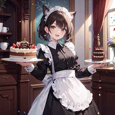 お祝い用のチョコレートケーキを運ぶ喫茶店で働く猫娘