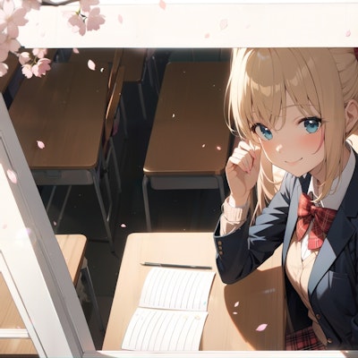 教室の窓から桜を見上げて