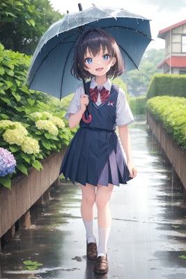 アジサイの咲く雨の通学路