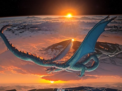 宇宙コロニーから見た初日の出とドラゴン