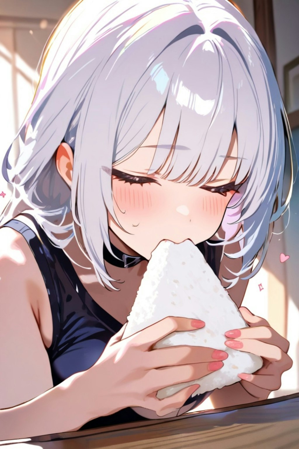 おにぎりを食べる白髪ちゃん