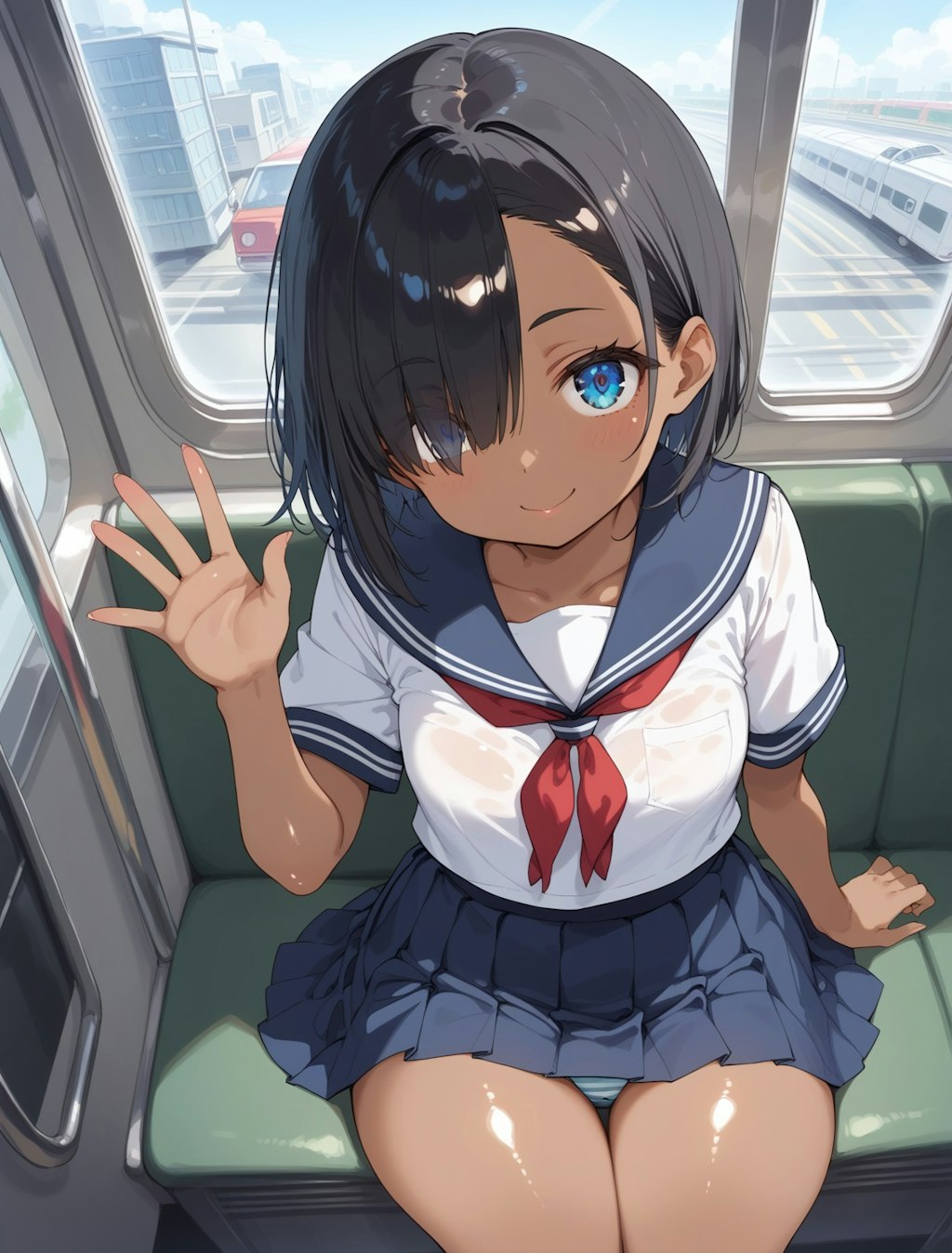 褐色少女「おはよう！」 通学電車パンチラ