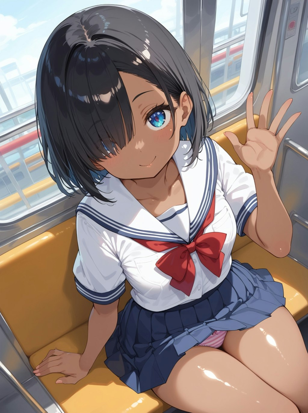 褐色少女「おはよう！」 通学電車パンチラ