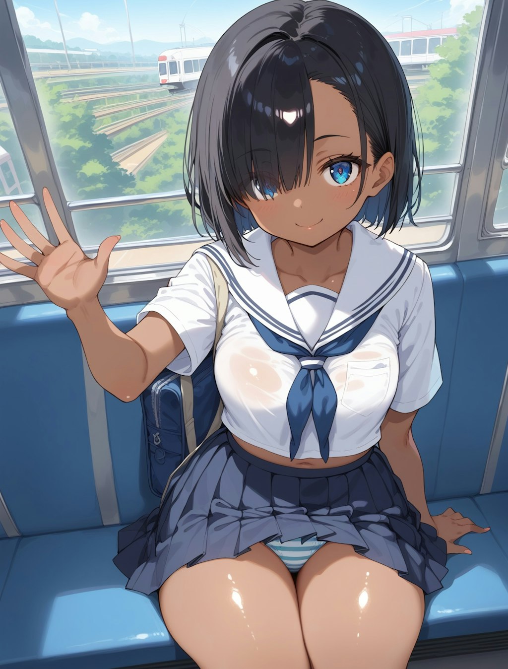 褐色少女「おはよう！」 通学電車パンチラ