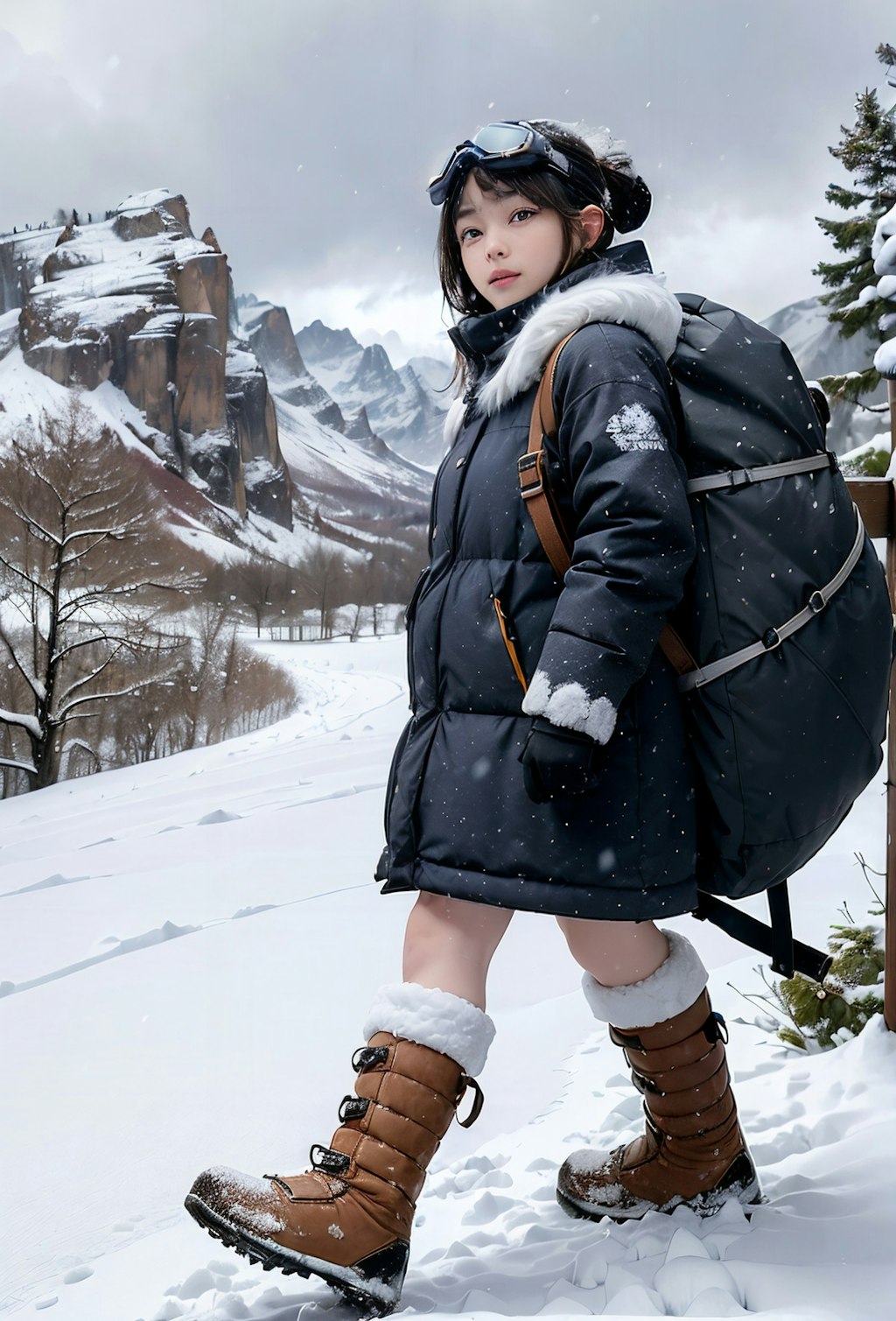 雪山を歩く美少女