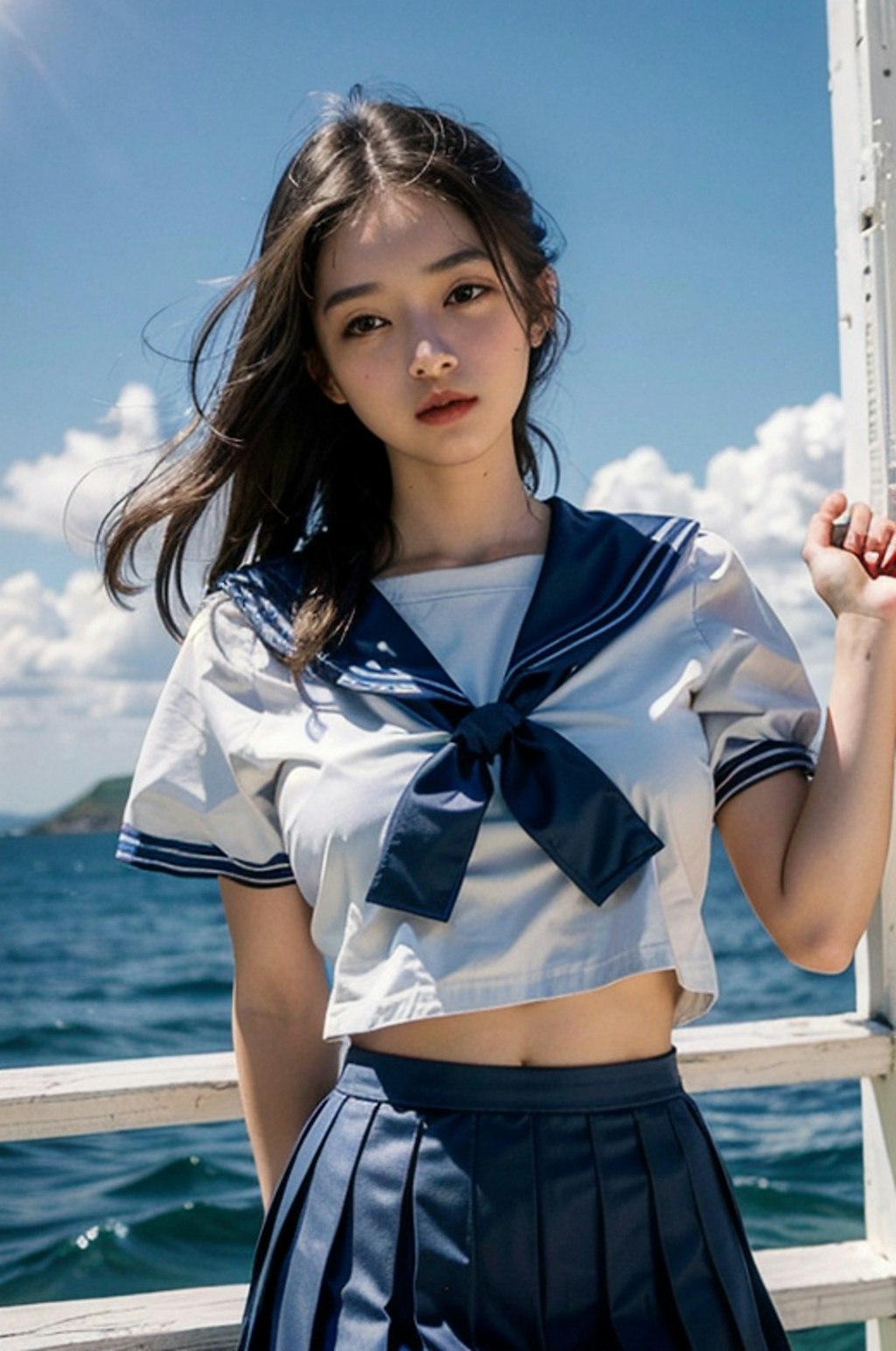 制服女子　海辺