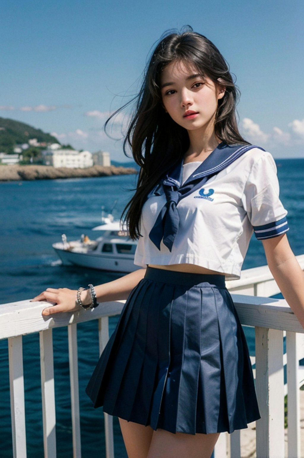 制服女子　海辺