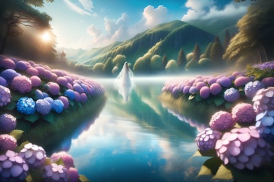 紫陽花が囲む湖