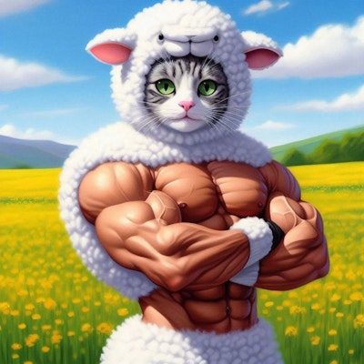 アクリル風 羊の着ぐるみコスプレを着た筋肉猫