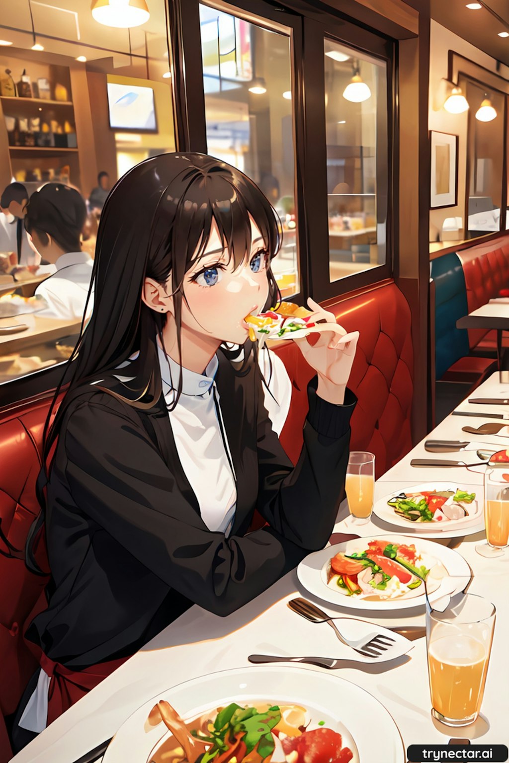 Girl eating at restaurant