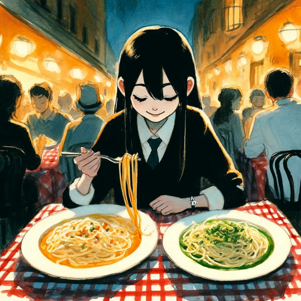 お得なパスタ定食を食べる女の子