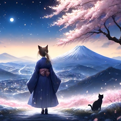 夜桜と猫耳少女
