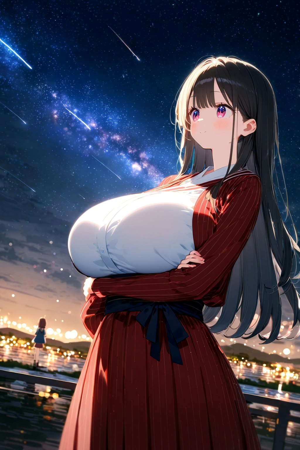 夜空と天の川と流れ星と女子高校生と