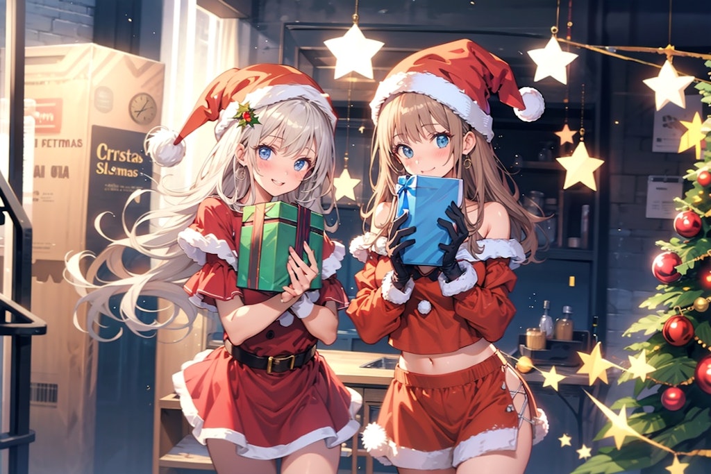 サンタクロースの衣装を着て、クリスマスプレゼントを配っている女の子達　TOPAZ