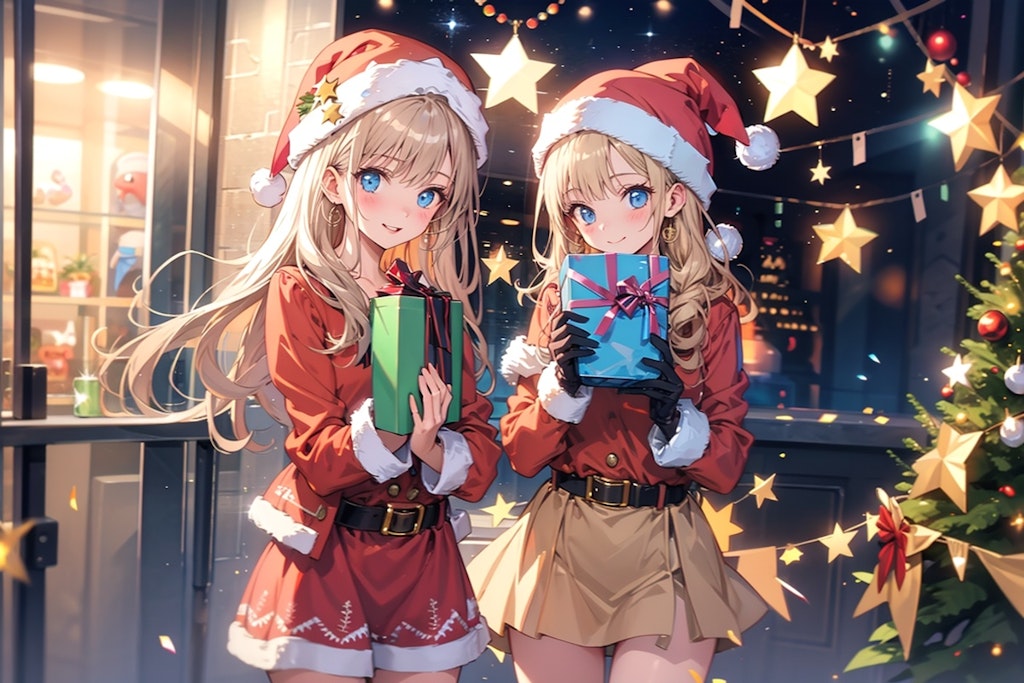 サンタクロースの衣装を着て、クリスマスプレゼントを配っている女の子達　TOPAZ