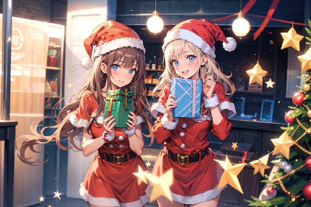 サンタクロースの衣装を着て、クリスマスプレゼントを配っている女の子達　TOPAZ