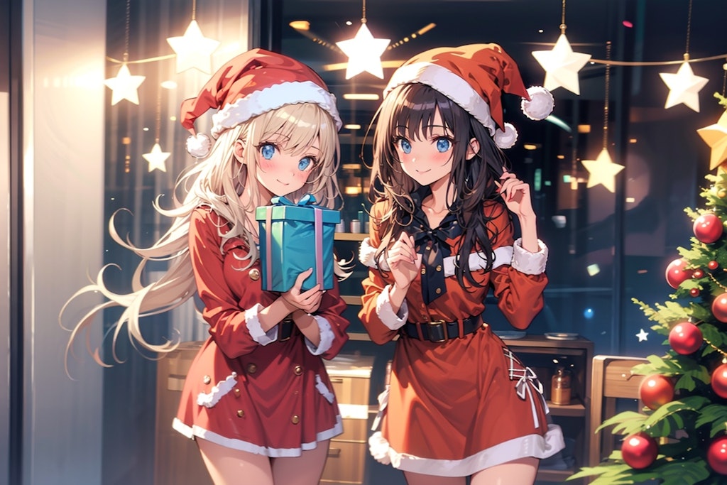 サンタクロースの衣装を着て、クリスマスプレゼントを配っている女の子達　TOPAZ