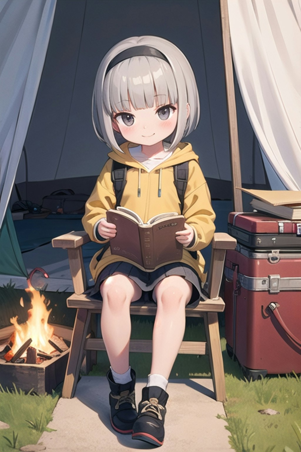 キャンプ場で本を読む優華