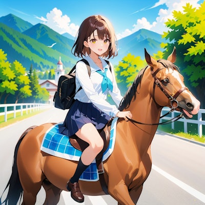 馬に乗って通学する女子高生
