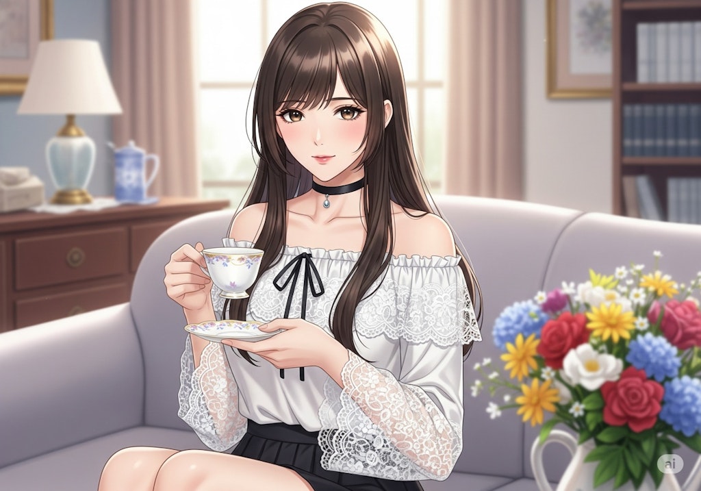 * リビングルームで一息する美女