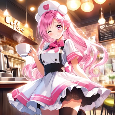 喫茶店で働くピンク髪の女の子