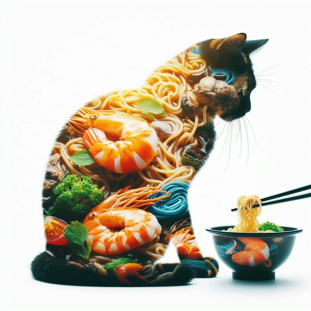 芸術を目指す猫とseafood noodle