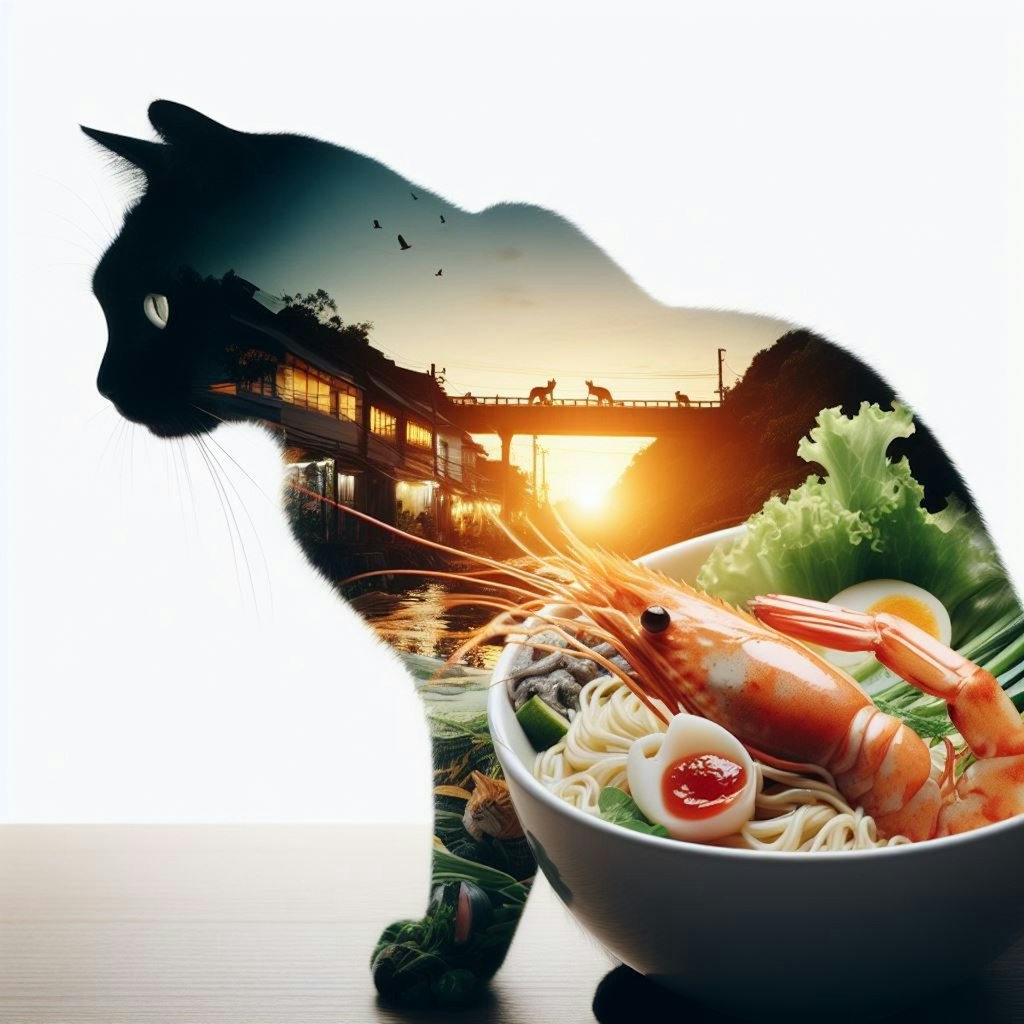 芸術を目指す猫とseafood noodle