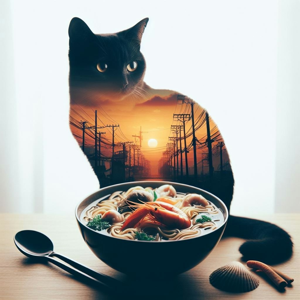 芸術を目指す猫とseafood noodle