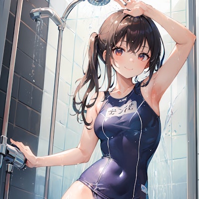 部活終わりにシャワーを浴びる水泳少女
