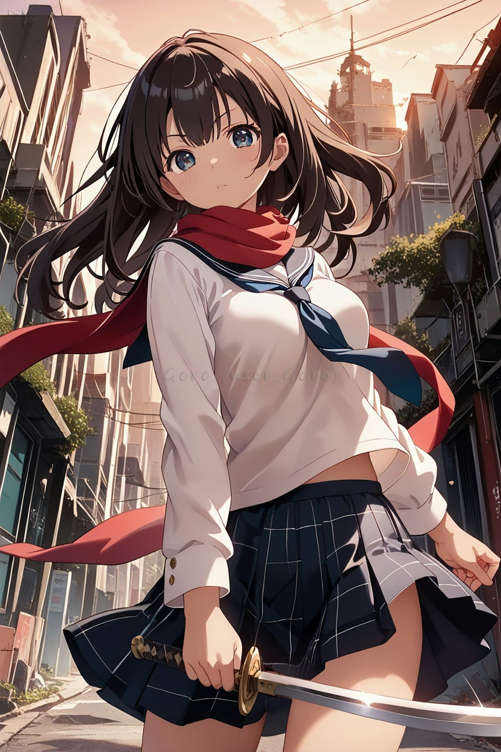 人気のない朝焼けの街で