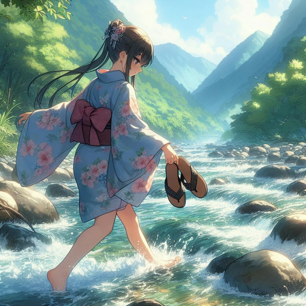 夏河を越すうれしさよ手に草履・女の子・着物編