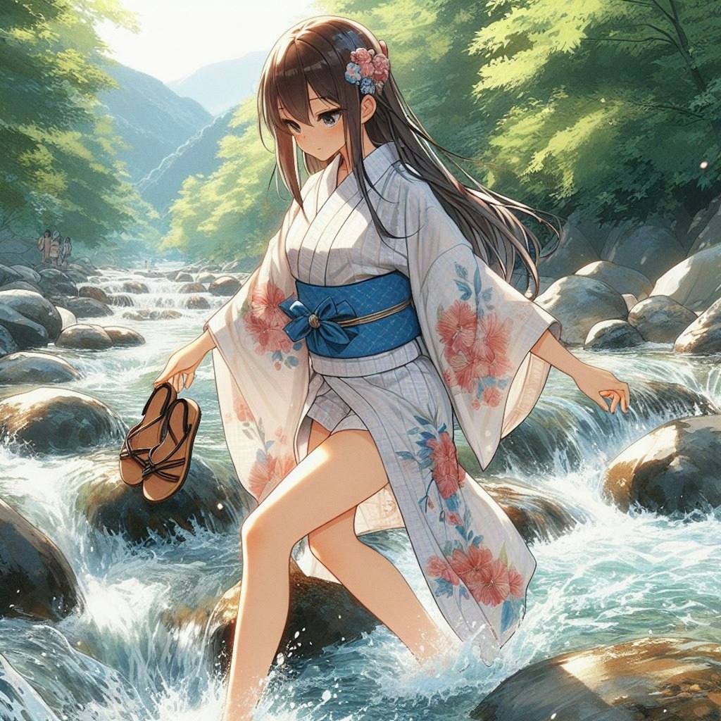 夏河を越すうれしさよ手に草履・女の子・着物編