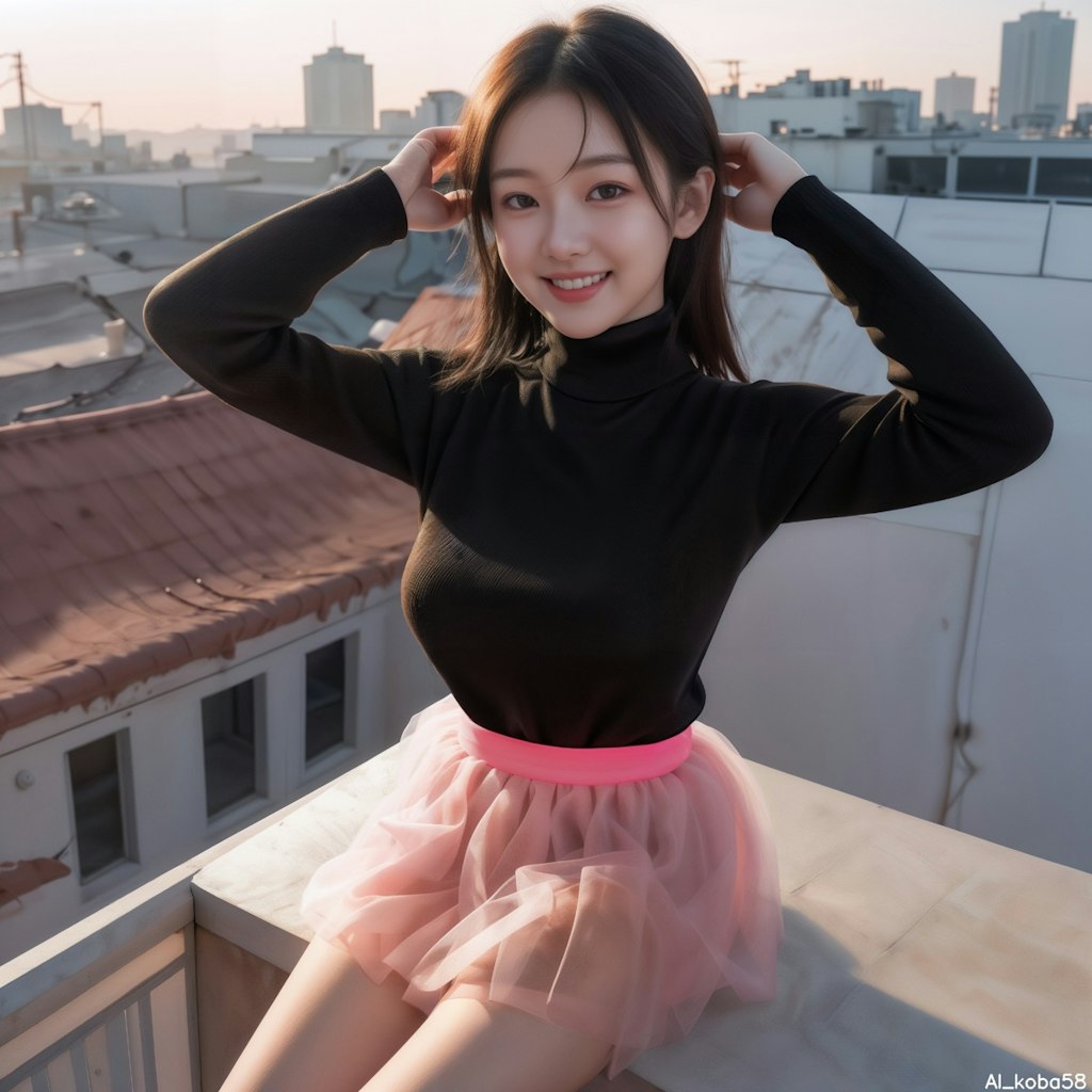 Vol86_Rainbow-colored tulle skirt+neon pink turtle-neck sweater