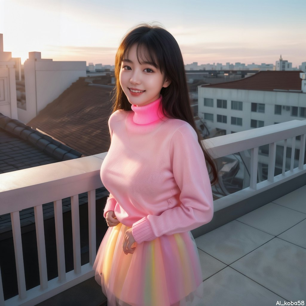Vol86_Rainbow-colored tulle skirt+neon pink turtle-neck sweater