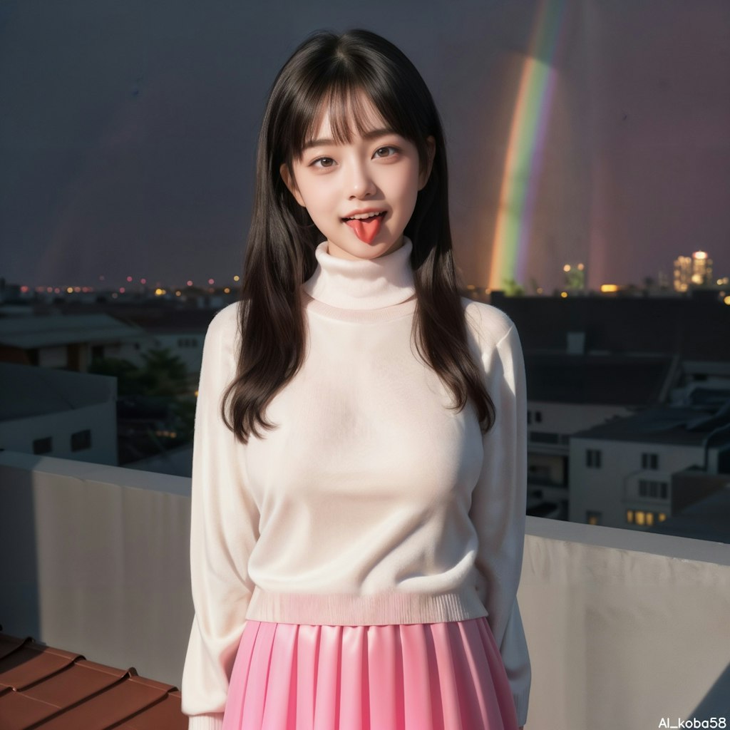 Vol86_Rainbow-colored tulle skirt+neon pink turtle-neck sweater