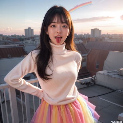 Vol86_Rainbow-colored tulle skirt+neon pink turtle-neck sweater