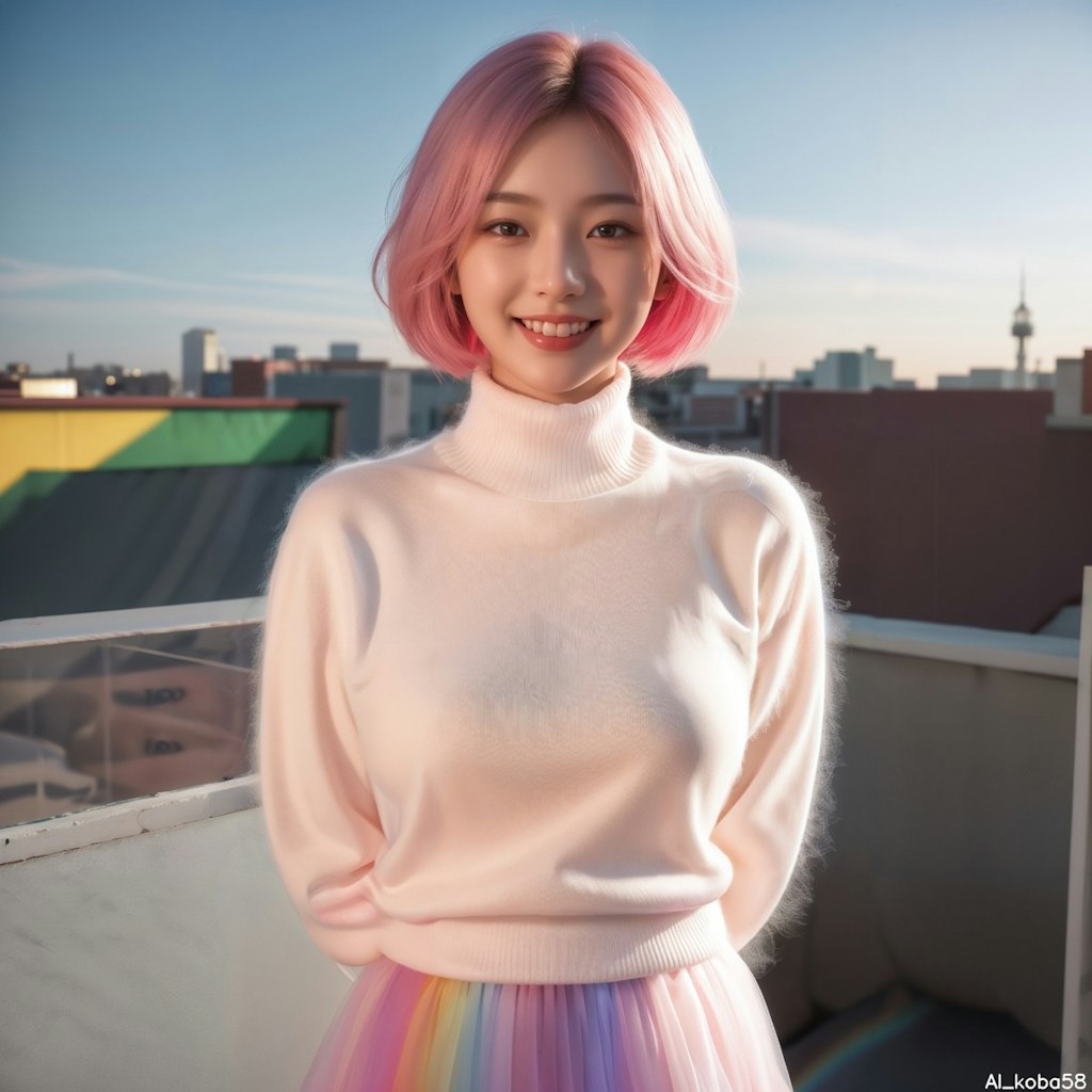 Vol86_Rainbow-colored tulle skirt+neon pink turtle-neck sweater