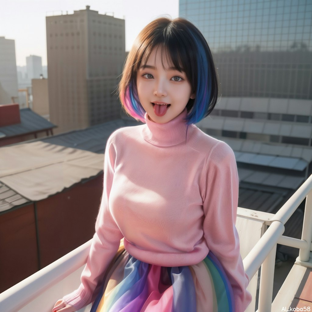 Vol86_Rainbow-colored tulle skirt+neon pink turtle-neck sweater