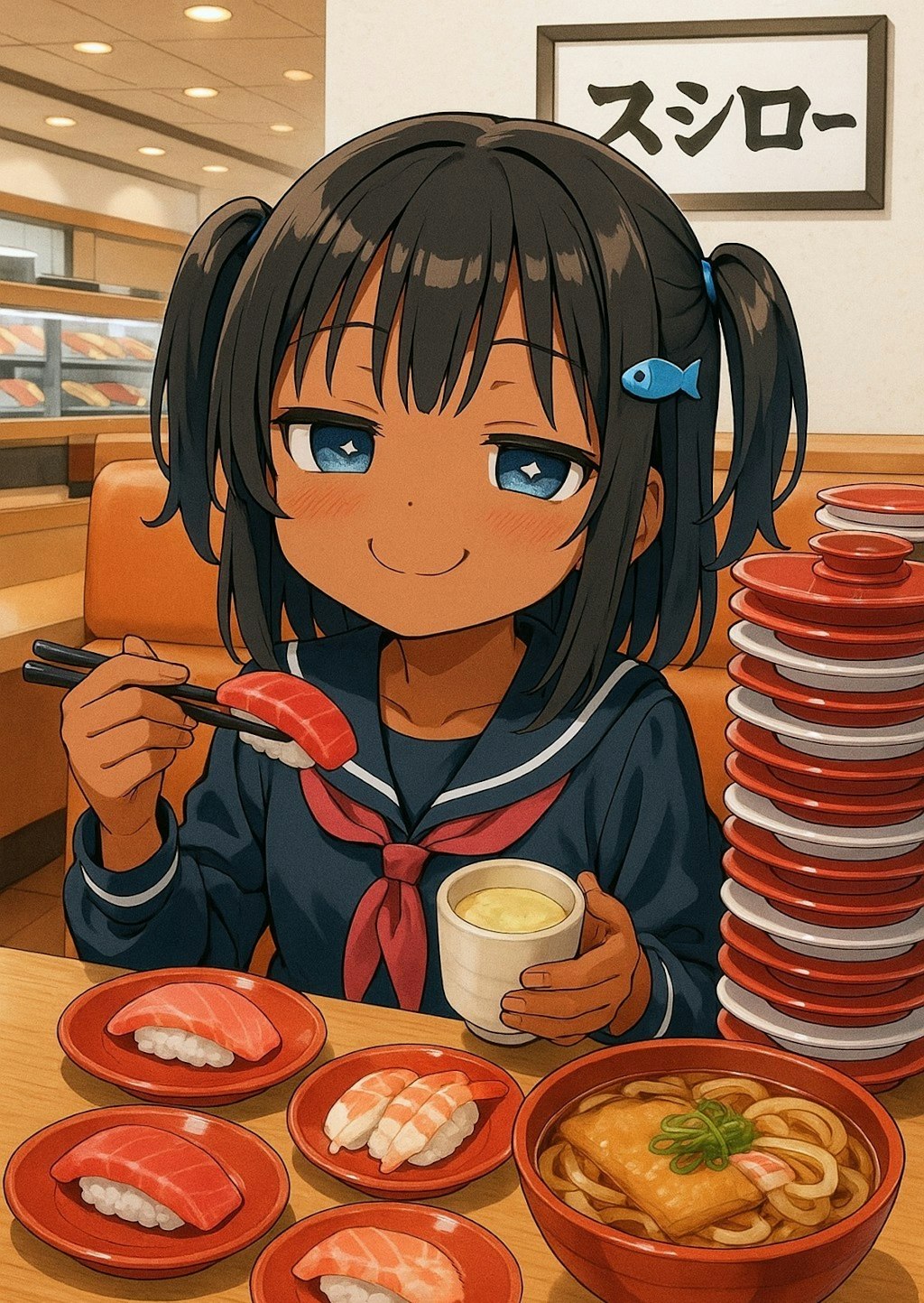 回転寿司でお腹いっぱい食べるこなつちゃん